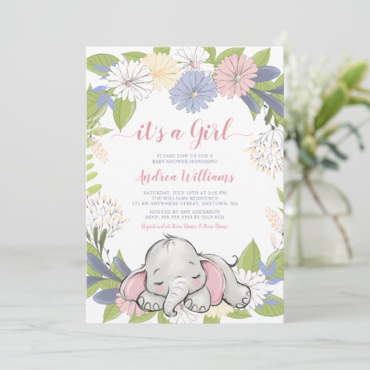 Floral Wreath Elephant Girl Baby Dusche Einladung (Stehend Vorderseite)