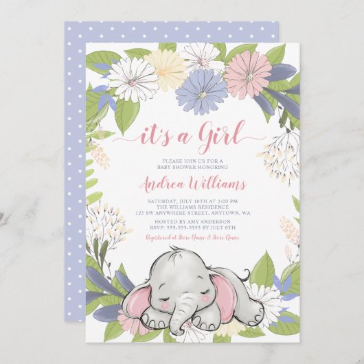 Floral Wreath Elephant Girl Baby Dusche Einladung (Vorne/Hinten)