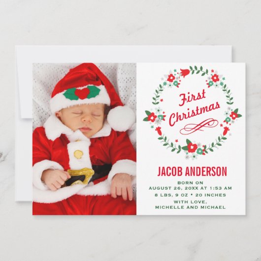 Floral Wreath Erste Weihnachtsfeier Geburtserkläru Ankündigung (Vorderseite)