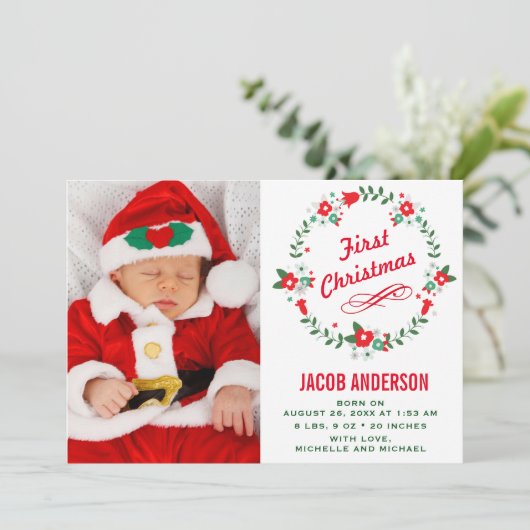 Floral Wreath Erste Weihnachtsfeier Geburtserkläru Ankündigung (Stehend Vorderseite)