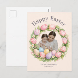 Floral Wreath & Family Photo Personalized Easter  Feiertagspostkarte