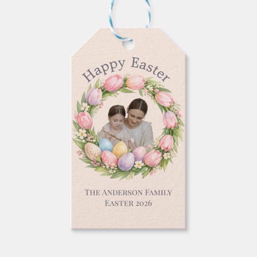 Floral Wreath & Family Photo Personalized Easter Geschenkanhänger (Vorderseite)