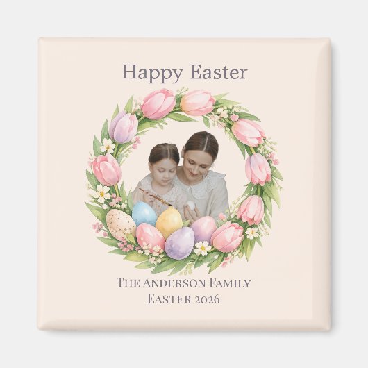 Floral Wreath & Family Photo Personalized Easter  Magnet (Vorne)