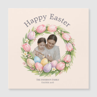 Floral Wreath & Family Photo Personalized Easter  Magnetkarte