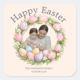 Floral Wreath & Family Photo Personalized Easter  Quadratischer Aufkleber