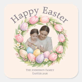 Floral Wreath & Family Photo Personalized Easter  Quadratischer Aufkleber