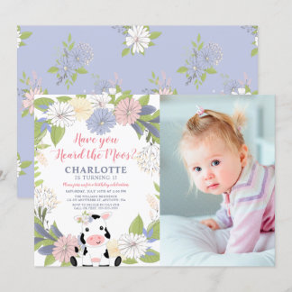 Floral Wreath Girl Cow 1. Geburtstag Foto Einladung