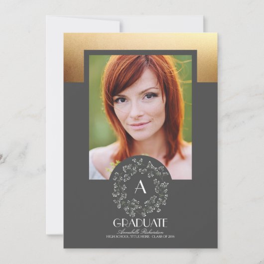 Floral Wreath Gold Texture Foto Abschluss Einladung (Vorderseite)