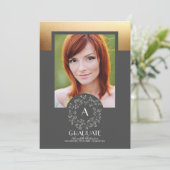 Floral Wreath Gold Texture Foto Abschluss Einladung (Stehend Vorderseite)