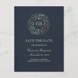 Floral Wreath Gold und Navy Save the Date Vintag Ankündigungspostkarte