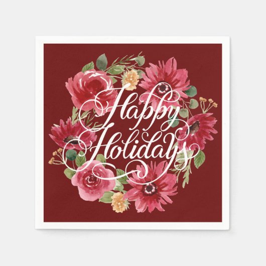 Floral Wreath Happy Holidays Red Napkins Serviette (Vorderseite)