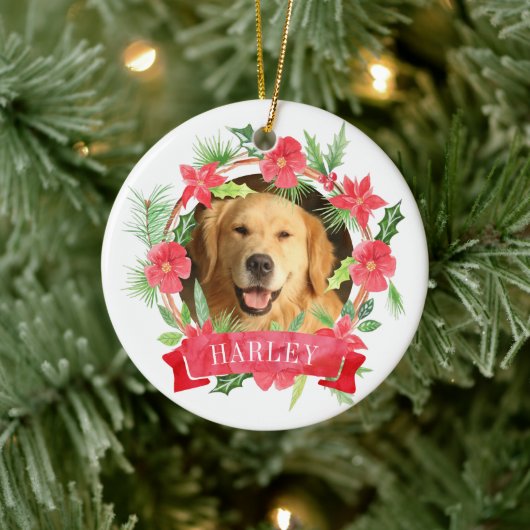 Floral Wreath Hund Foto Keramik Ornament (Baum)