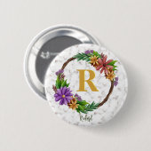 Floral Wreath Initial Letter Monogram Name Marble Button (Vorne & Hinten)