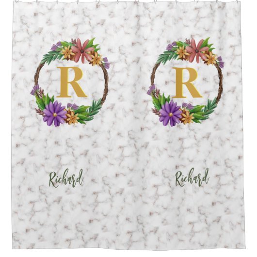 Floral Wreath Initial Letter Monogram Name Marble Duschvorhang (Vorderseite)