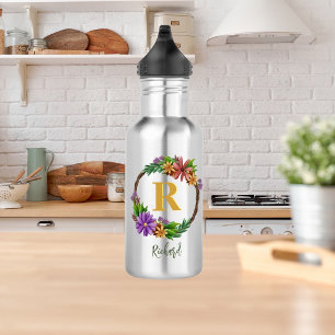 Floral Wreath Initial Letter Monogram Name Marble Edelstahlflasche