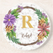 Floral Wreath Initial Letter Monogram Name Marble Getränkeuntersetzer (Vorne)