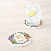 Floral Wreath Initial Letter Monogram Name Marble Getränkeuntersetzer (Seite)