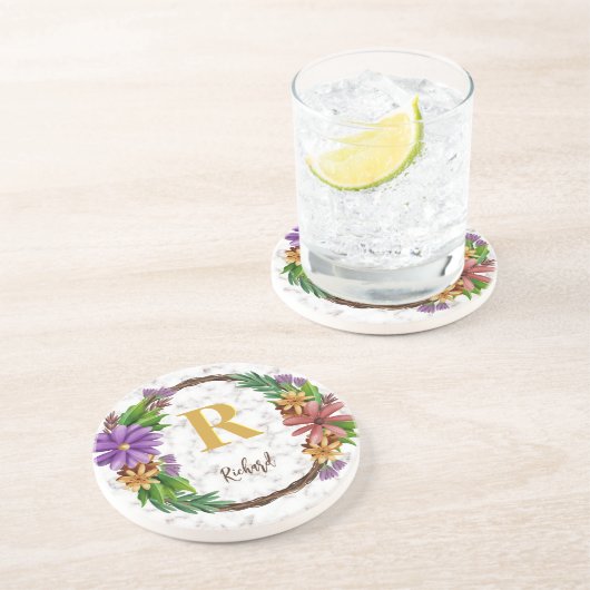 Floral Wreath Initial Letter Monogram Name Marble Getränkeuntersetzer (Seite)