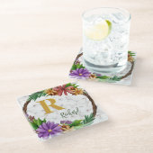 Floral Wreath Initial Letter Monogram Name Marble Glasuntersetzer (Schrägansicht)