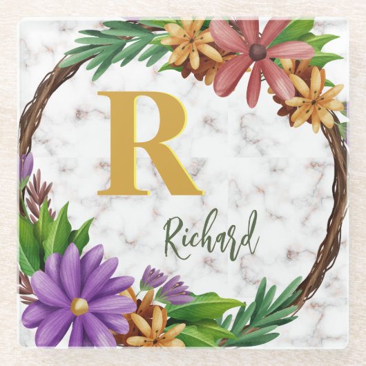 Floral Wreath Initial Letter Monogram Name Marble Glasuntersetzer (Vorderseite)