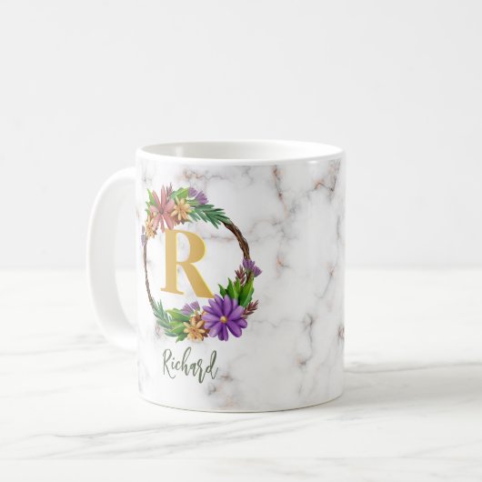 Floral Wreath Initial Letter Monogram Name Marble Kaffeetasse (Vorderseite Links)