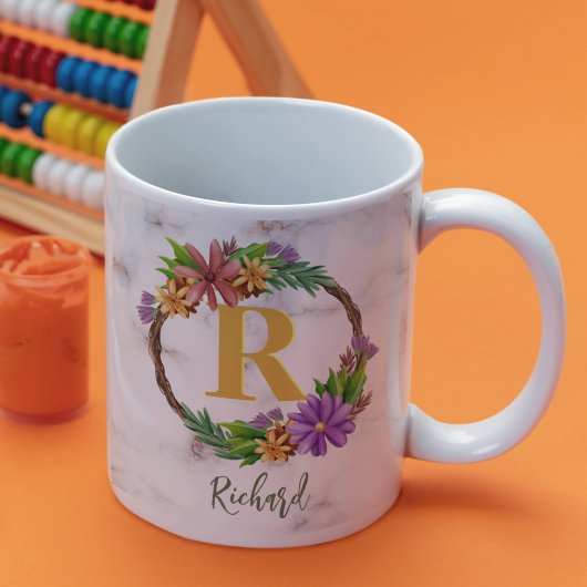 Floral Wreath Initial Letter Monogram Name Marble Kaffeetasse
