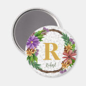 Floral Wreath Initial Letter Monogram Name Marble Magnet (Vorderseite/Rückseite)