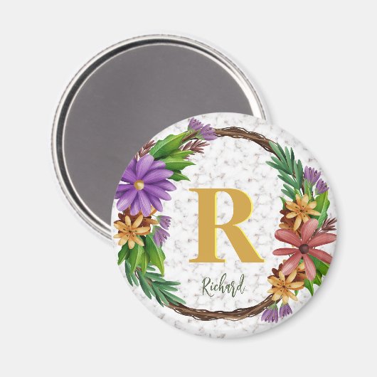 Floral Wreath Initial Letter Monogram Name Marble Magnet (Vorderseite/Rückseite)