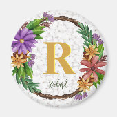 Floral Wreath Initial Letter Monogram Name Marble Magnet (Vorne)