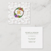 Floral Wreath Initial Letter Monogram Name Marble Quadratische Visitenkarte (Vorne/Hinten)