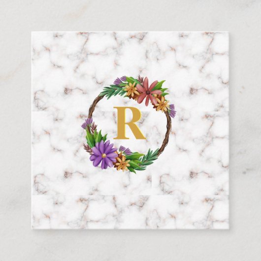 Floral Wreath Initial Letter Monogram Name Marble Quadratische Visitenkarte (Vorderseite)