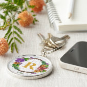 Floral Wreath Initial Letter Monogram Name Marble Schlüsselanhänger (Seite)