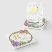 Floral Wreath Initial Letter Monogram Name Marble Steinuntersetzer (Seitenansicht)