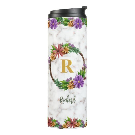 Floral Wreath Initial Letter Monogram Name Marble Thermosbecher (Nach links gedreht)