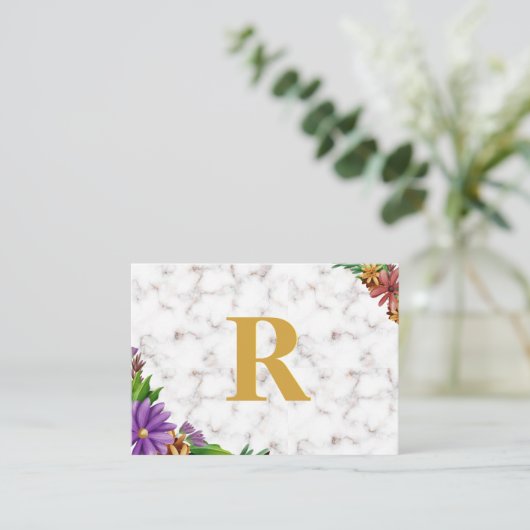Floral Wreath Initial Letter Monogram Name Marble Visitenkarte (Stehend Vorderseite)