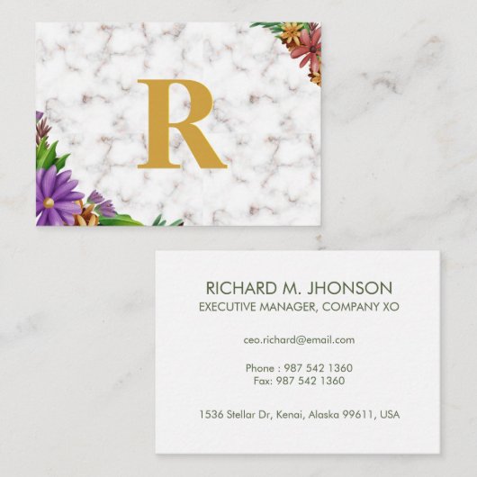 Floral Wreath Initial Letter Monogram Name Marble Visitenkarte (Vorne/Hinten)