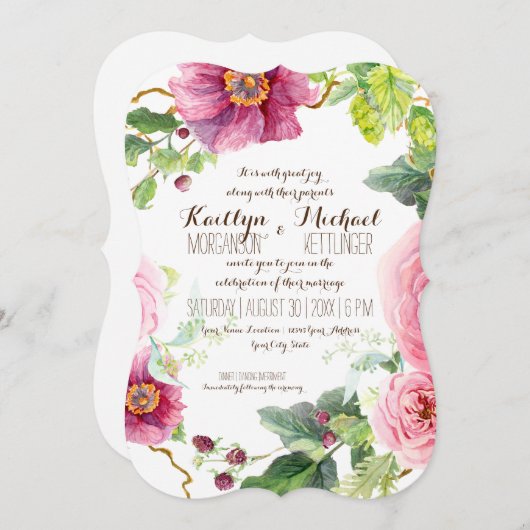 Floral Wreath Leaf Bracket Raspberry Rose Peonies Einladung (Vorne/Hinten)
