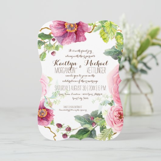 Floral Wreath Leaf Bracket Raspberry Rose Peonies Einladung (Stehend Vorderseite)