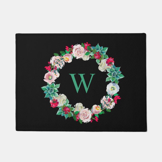 Floral Wreath Mit Monogramm Black Fußmatte (Vorderseite)