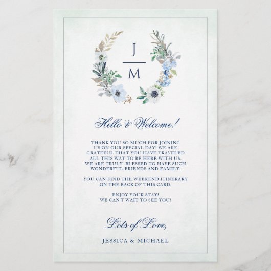 Floral Wreath Monogram Wedding Welcome Itinerary (Vorderseite)