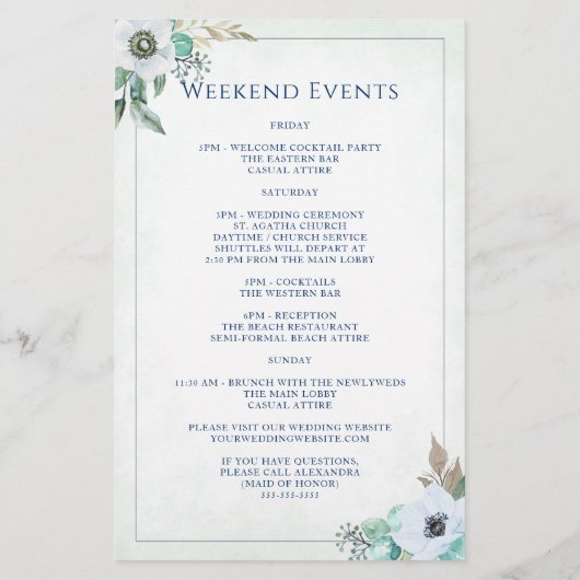 Floral Wreath Monogram Wedding Welcome Itinerary (Rückseite)