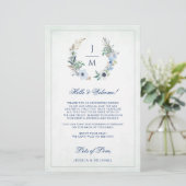 Floral Wreath Monogram Wedding Welcome Itinerary (Stehend Vorderseite)