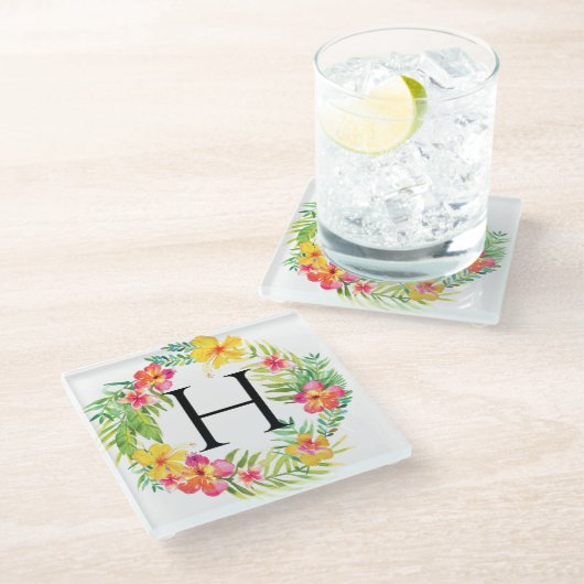 Floral Wreath Monogramm Glasuntersetzer (Schrägansicht)