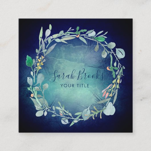 Floral Wreath Monogramm in Midnight Blue Quadratische Visitenkarte (Vorderseite)