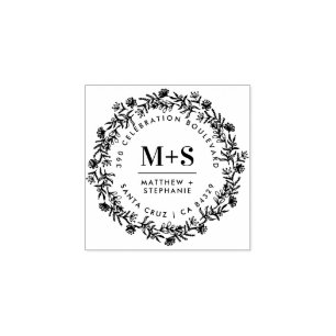 Floral Wreath Newly Weds Initials Rücksendeadresse Gummistempel