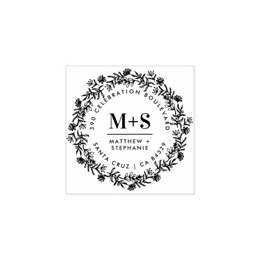 Floral Wreath Newly Weds Initials Rücksendeadresse Gummistempel (Prägung)
