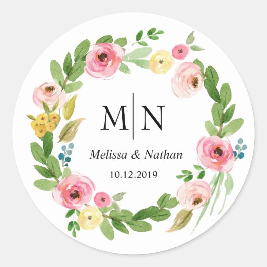 Floral Wreath Perfect Wedding Monogram Stickers (Vorderseite)