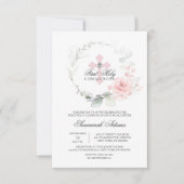 Floral Wreath Pink Erster Heiliger Kommunion MIRL Einladung (Vorderseite)