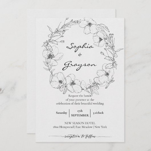 Floral Wreath | Sketch Peony Wedding Celebration Einladung (Vorne/Hinten)