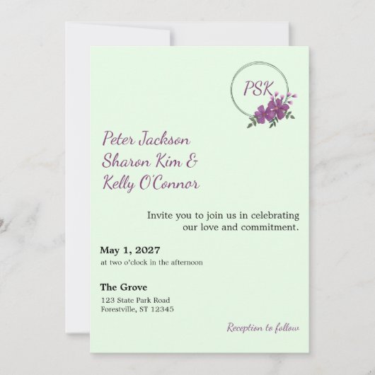 Floral Wreath Throuple Invitation Einladung (Vorderseite)